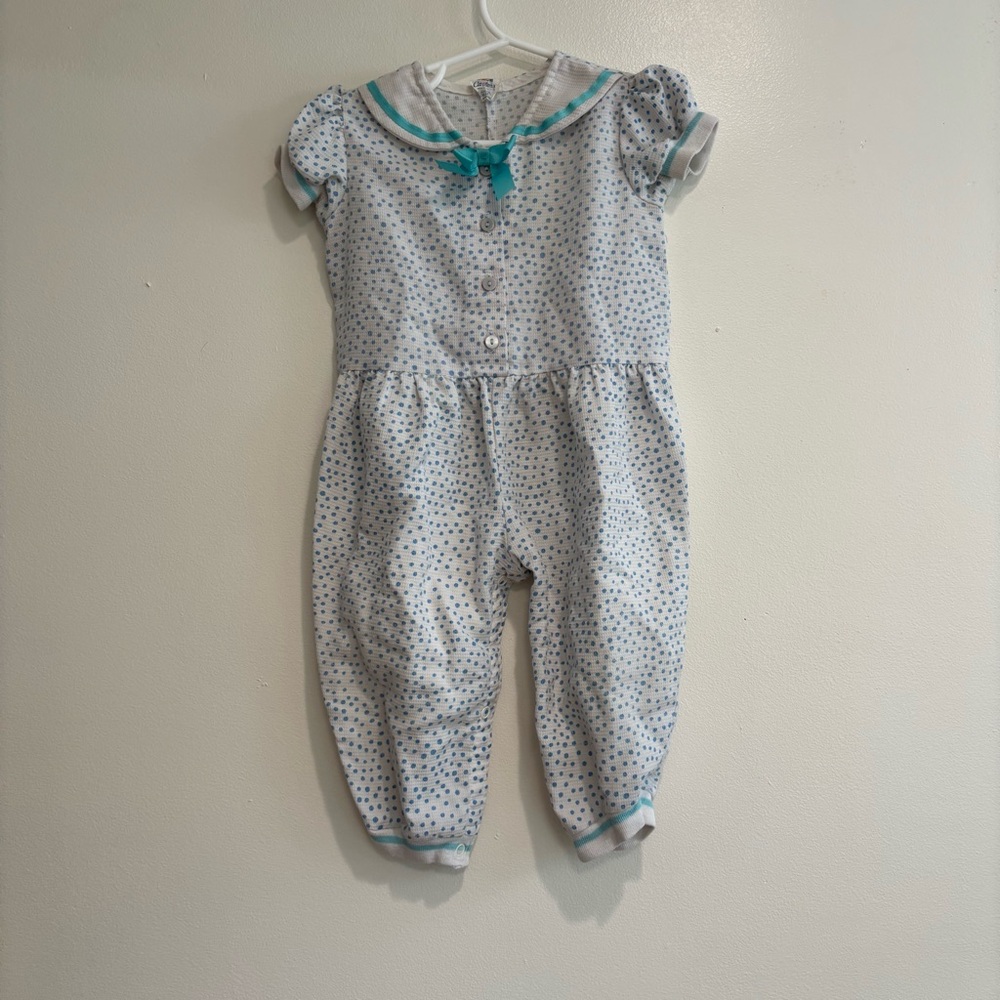 Vintage Carters Sailor-Style One-Piece Romper White Blue Polka Dots 18 months